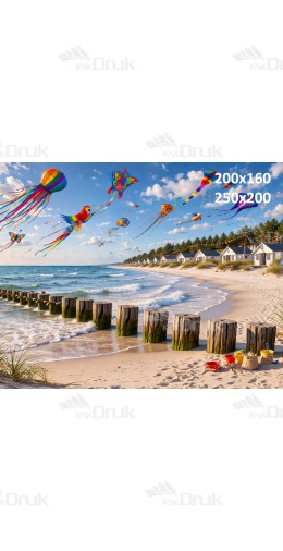 Tło fotograficzne „Plaża z kolorowymi latawcami i nadmorskimi domkami” | 4041